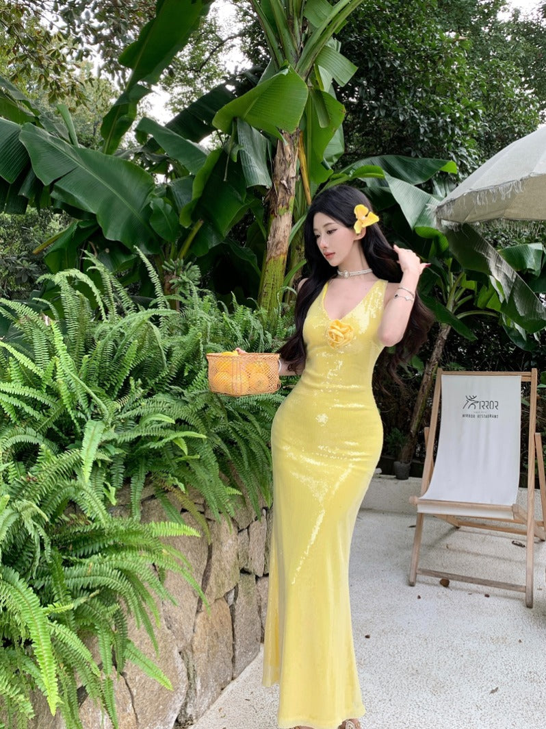 Glam Yellow Sequin Backless Dress Elegant Birthday Party Gown