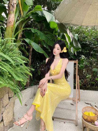 Glam Yellow Sequin Backless Dress Elegant Birthday Party Gown