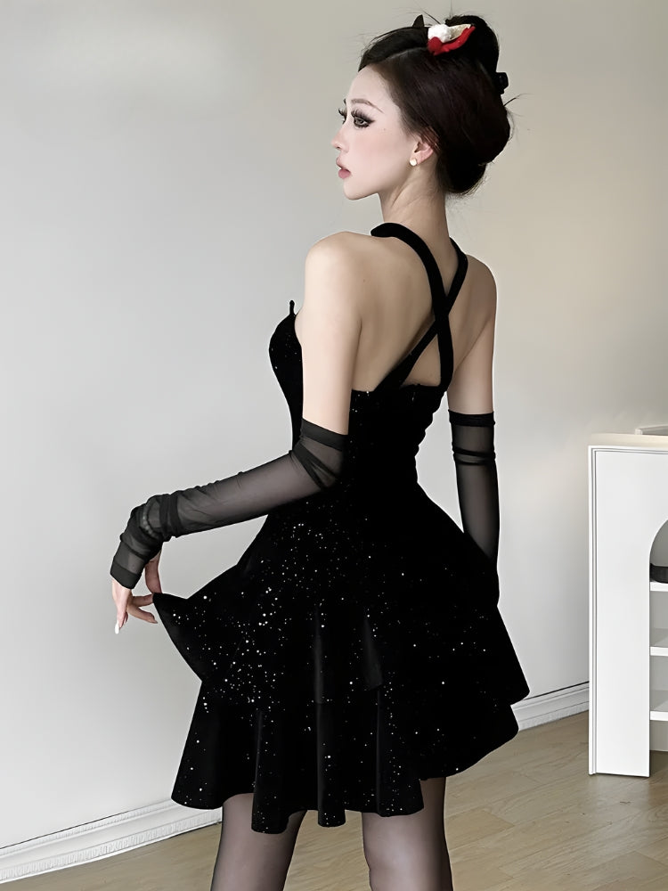 Glitter Starburst Notched Neck Strapless Tiered Skater Mini Dress