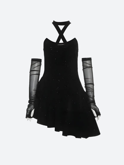 Glitter Starburst Notched Neck Strapless Tiered Skater Mini Dress