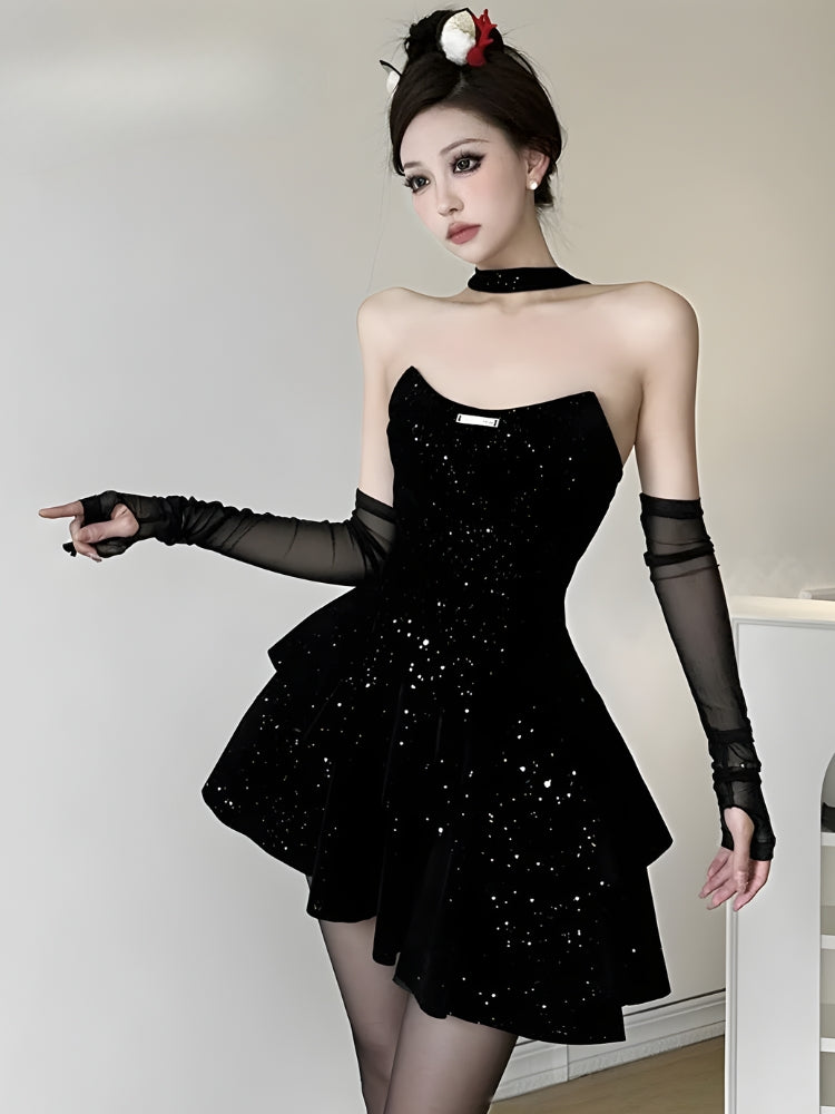 Glitter Starburst Notched Neck Strapless Tiered Skater Mini Dress