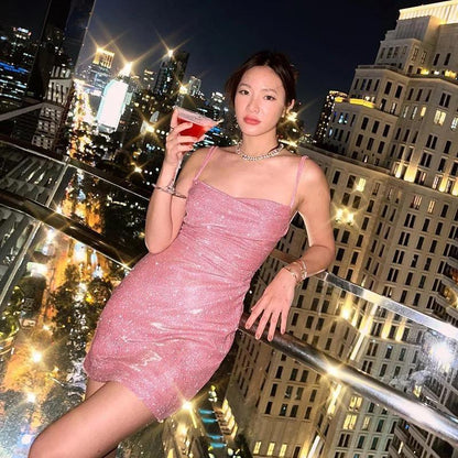 Glitter Cowl Neck Spaghetti Strap Ruched Bodycon Mini Dress