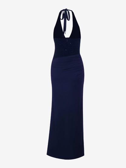 Burgundy Sequin Women Halter Maxi Dress - Elegant Ruched Bodycon Backless Mermaid Gown - Prom Party Outfit 2026