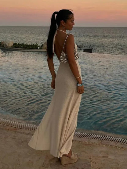 Halter Neck Backless Maxi Dress for Women - Slim Fit High Slit Long Dress with Floral Rosette - Summer Beach Vacation 2026