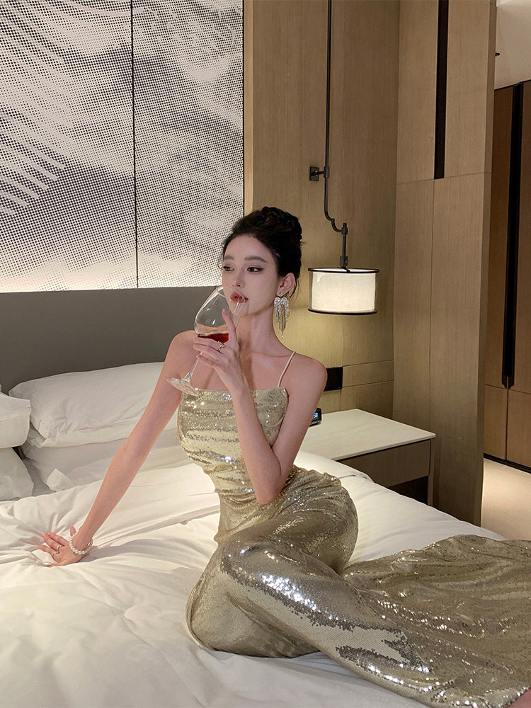 Gold Sequin Evening Gown Luxury Wedding Reception & Party Dress