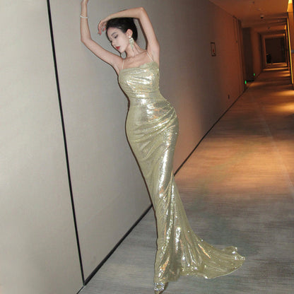 Gold Sequin Evening Gown Luxury Wedding Reception & Party Dress