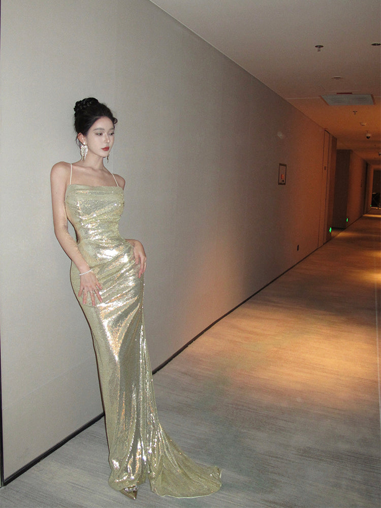 Gold Sequin Evening Gown Luxury Wedding Reception & Party Dress