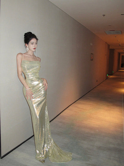 Gold Sequin Evening Gown Luxury Wedding Reception & Party Dress