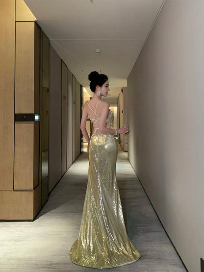 Gold Sequin Evening Gown Luxury Wedding Reception & Party Dress