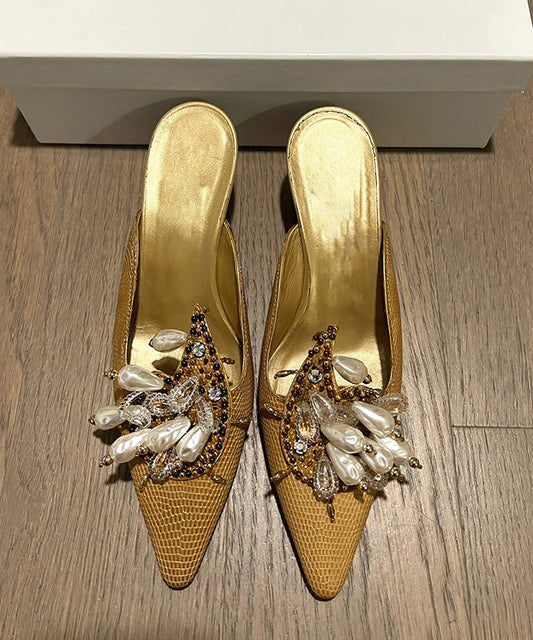 Golden Slide Sandals 2025 New French Pointed Toe Bead Decorated