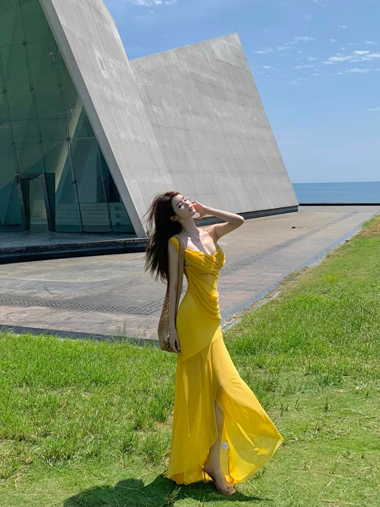 Golden Mesh Ruffle V-Neck Maxi Dress Flowing & Photogenic Beach Gown