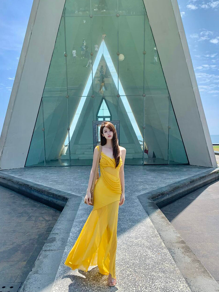 Golden Mesh Ruffle V-Neck Maxi Dress Flowing & Photogenic Beach Gown