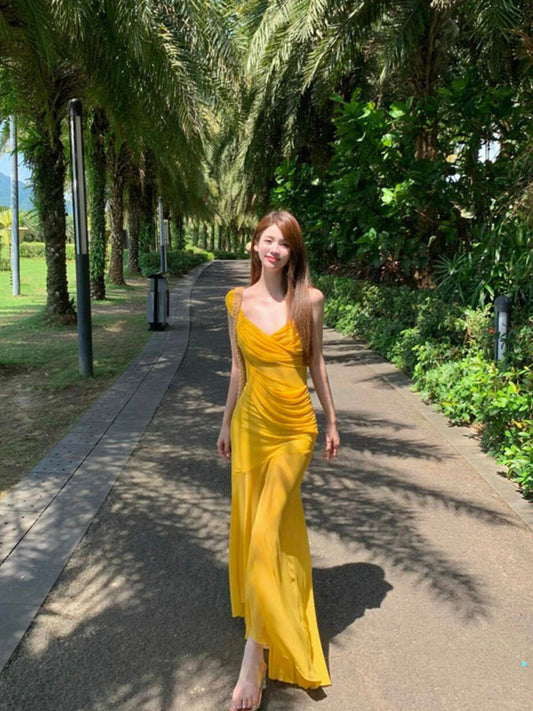 Golden Mesh Ruffle V-Neck Maxi Dress Flowing & Photogenic Beach Gown