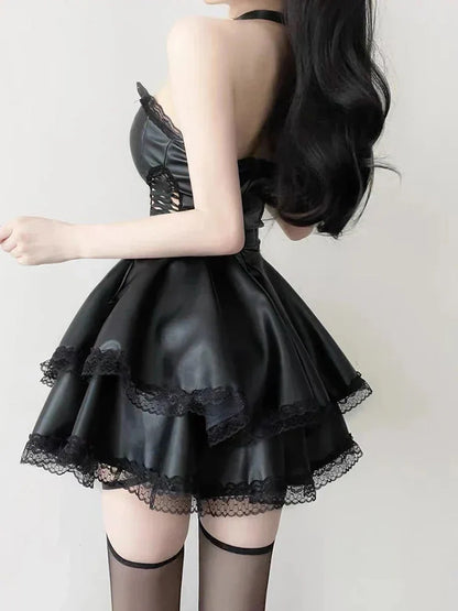 Strapless Faux Leather Corset Lace Up Tiered Ruffle Lace Trim Mini Dress