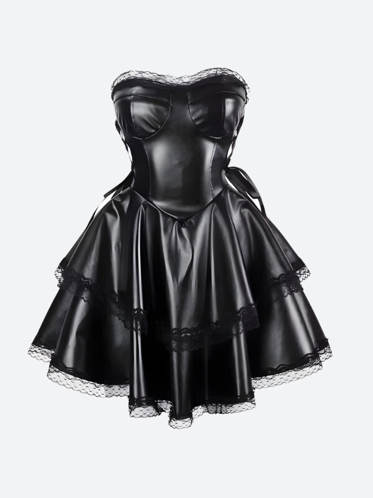 Strapless Faux Leather Corset Lace Up Tiered Ruffle Lace Trim Mini Dress