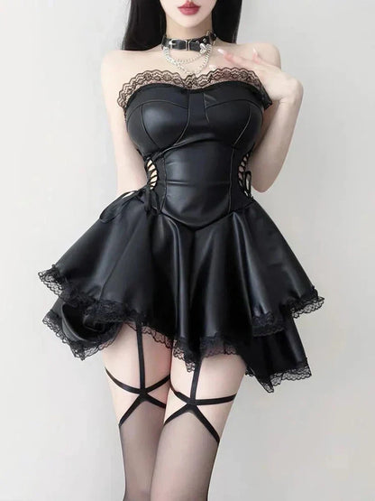Strapless Faux Leather Corset Lace Up Tiered Ruffle Lace Trim Mini Dress