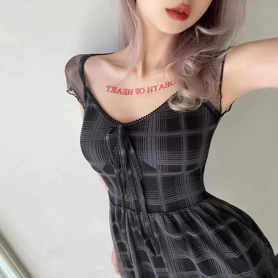 Plaid Lace Trim Mesh Cap Sleeve Babydoll Mini Dress