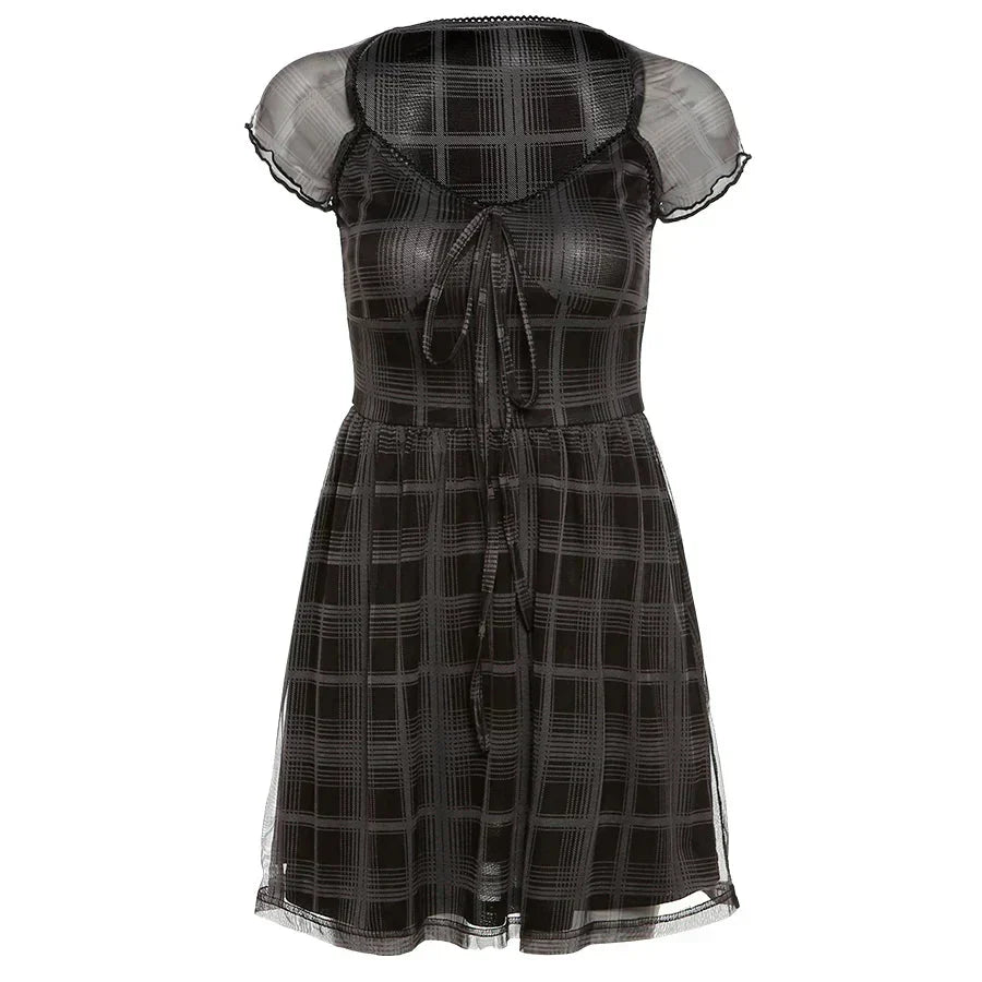 Plaid Lace Trim Mesh Cap Sleeve Babydoll Mini Dress
