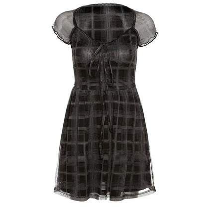 Plaid Lace Trim Mesh Cap Sleeve Babydoll Mini Dress