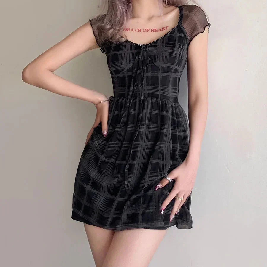 Plaid Lace Trim Mesh Cap Sleeve Babydoll Mini Dress