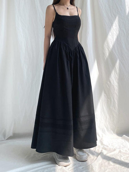 Lace Trim Spaghetti Strap Pointed Waist Tiered Maxi Dress