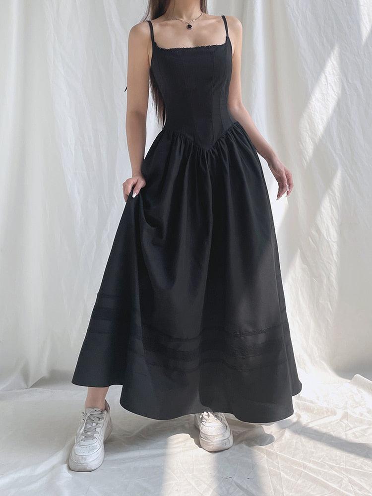 Lace Trim Spaghetti Strap Pointed Waist Tiered Maxi Dress