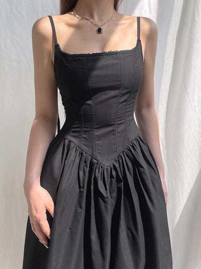 Lace Trim Spaghetti Strap Pointed Waist Tiered Maxi Dress