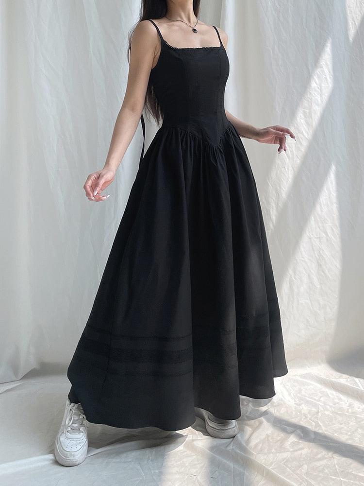 Lace Trim Spaghetti Strap Pointed Waist Tiered Maxi Dress