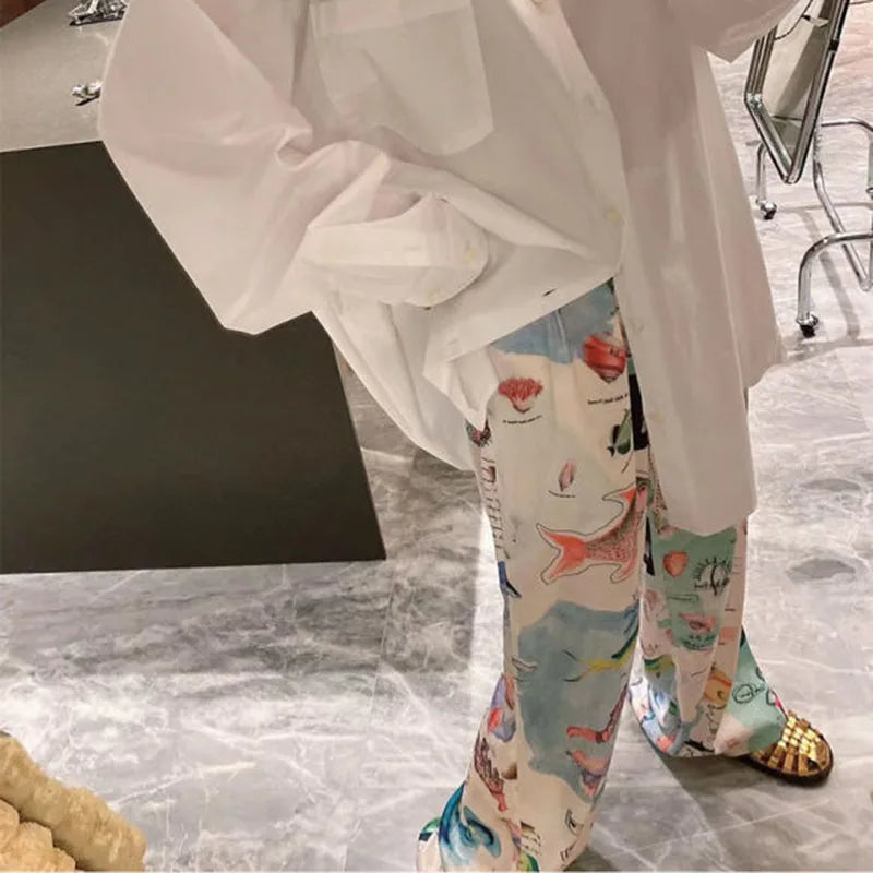 Graffiti Print Wide Leg Elastic High Waist Pant