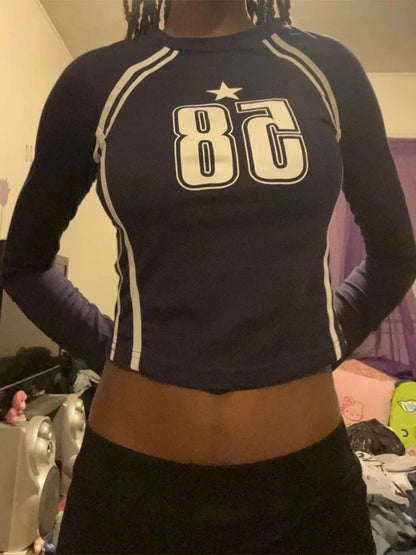 Gothic Open Umbilical Letter Printed Casual Long Sleeve Knit Top