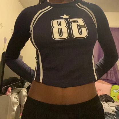 Gothic Open Umbilical Letter Printed Casual Long Sleeve Knit Top