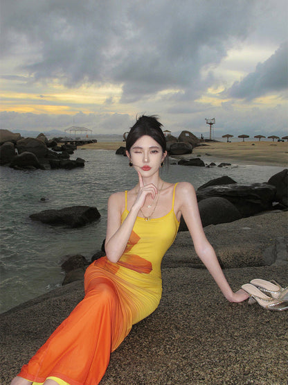 Gradient Floral Bodycon Mermaid Dress Sexy Vacation Outfit