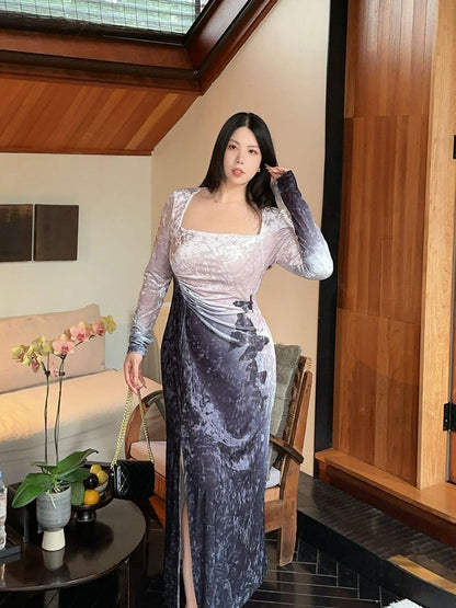 Gradient Velvet Butterfly Dress