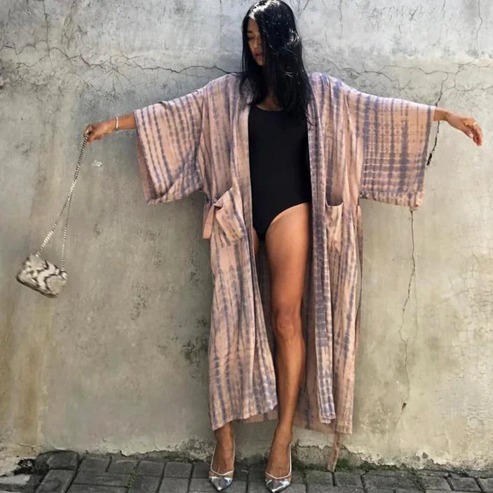 Green Printed Silky Kimono Robe Boho Cover up