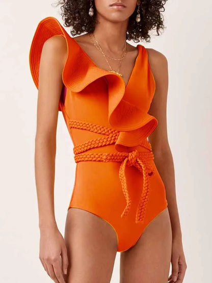 Green Ruffled Solid Monokini Swimsuit One Piece