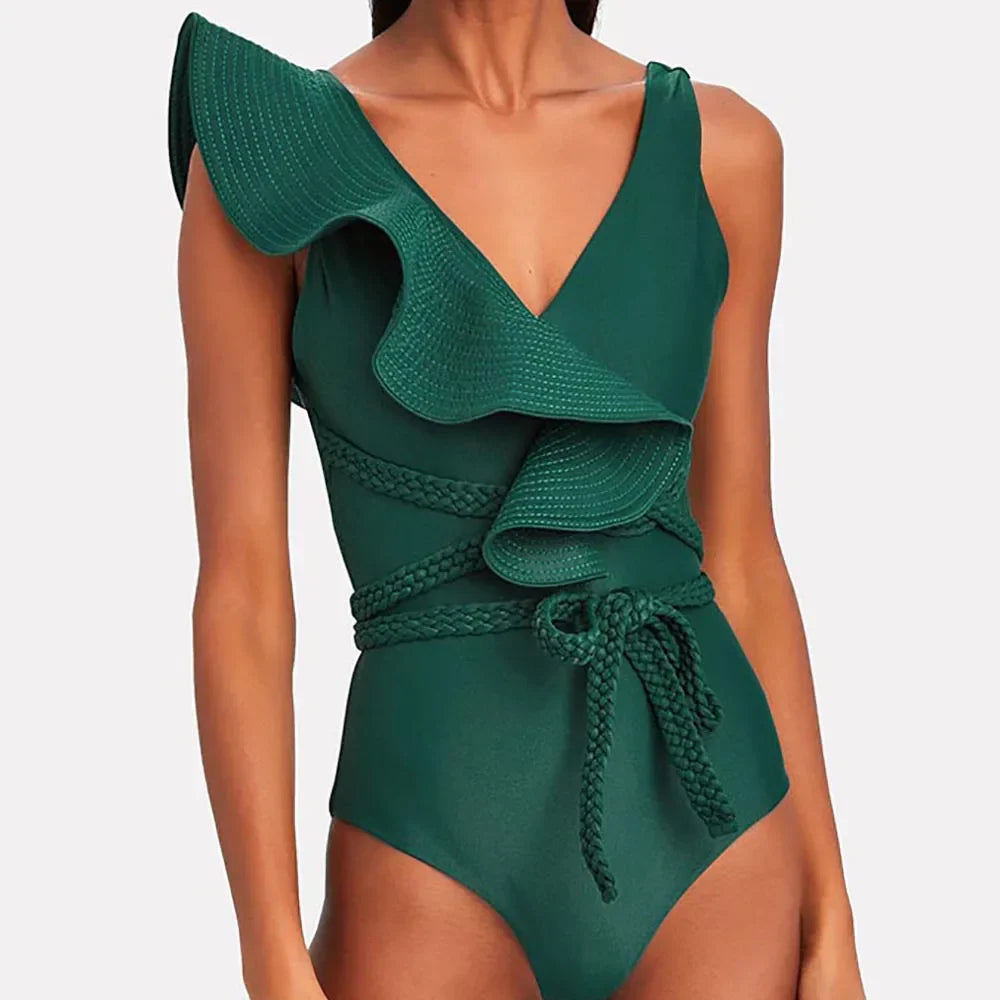 Green Ruffled Solid Monokini Swimsuit One Piece