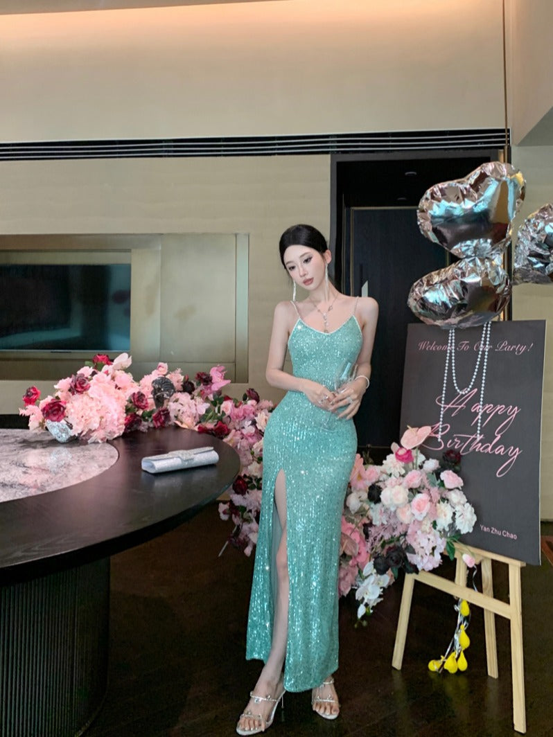 Green Sequin High-Slit Evening Dress Elegant Party & Formal Gown