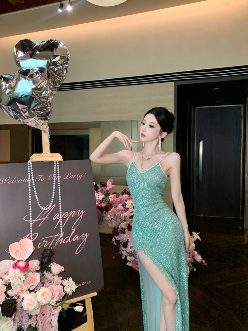 Green Sequin High-Slit Evening Dress Elegant Party & Formal Gown
