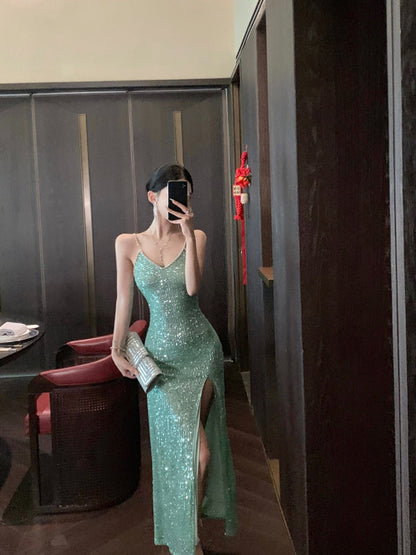 Green Sequin High-Slit Evening Dress Elegant Party & Formal Gown