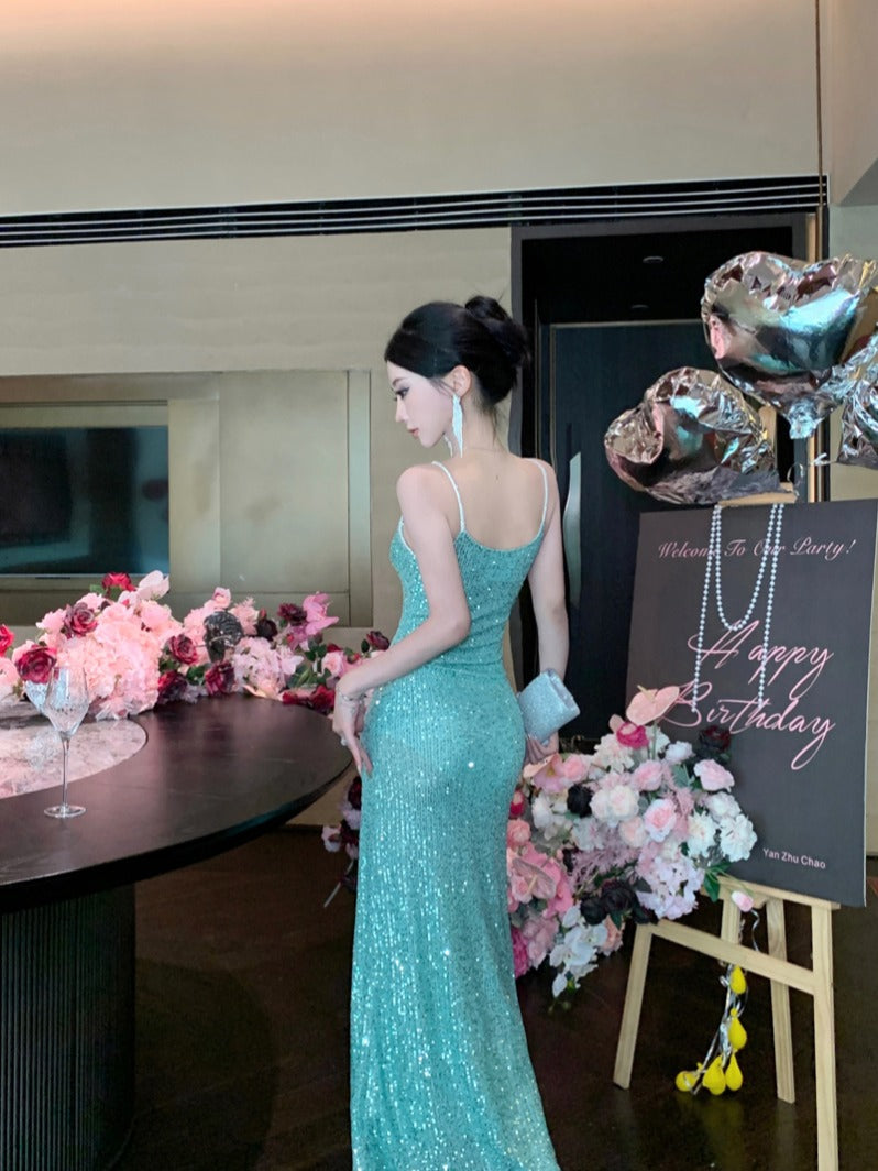 Green Sequin High-Slit Evening Dress Elegant Party & Formal Gown
