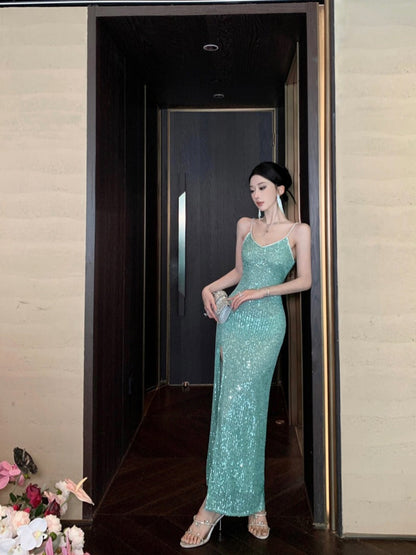 Green Sequin High-Slit Evening Dress Elegant Party & Formal Gown