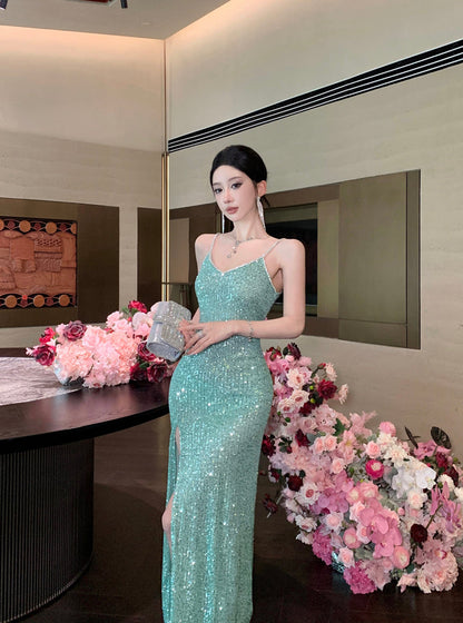 Green Sequin High-Slit Evening Dress Elegant Party & Formal Gown