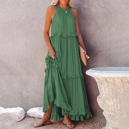Halter Smocked Neck Tiered Ruffle Texture Maxi Dress