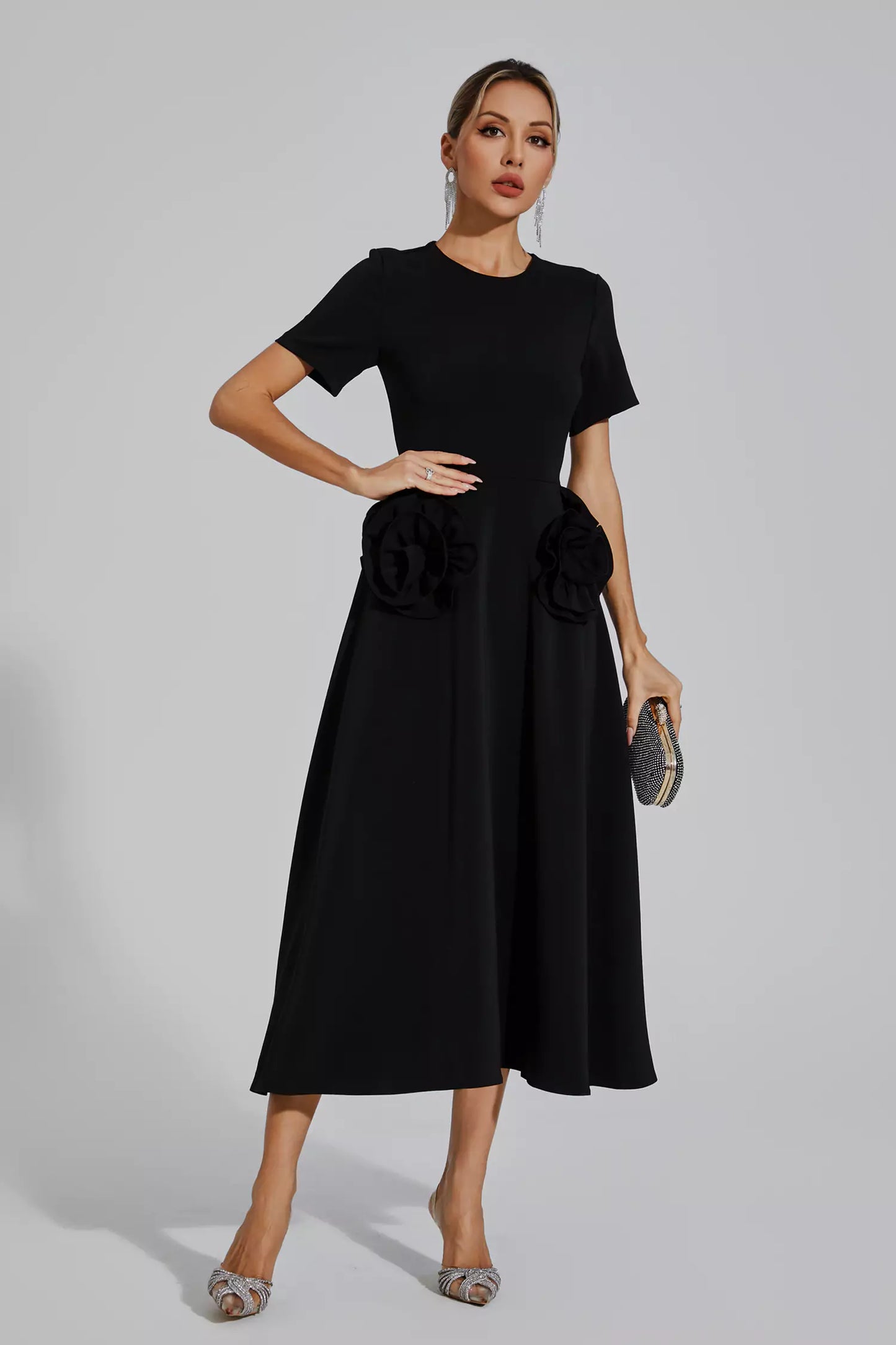 Greta Black Flower Midi Dress