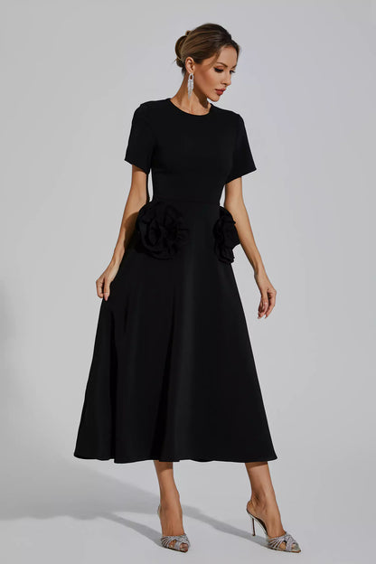 Greta Black Flower Midi Dress