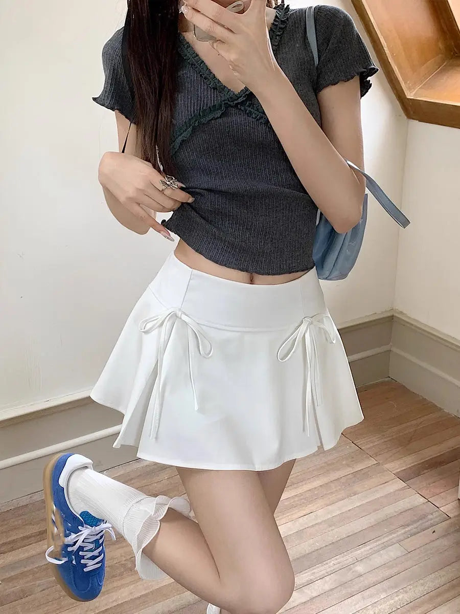 Grey Bow Pleated Vintage Skirt