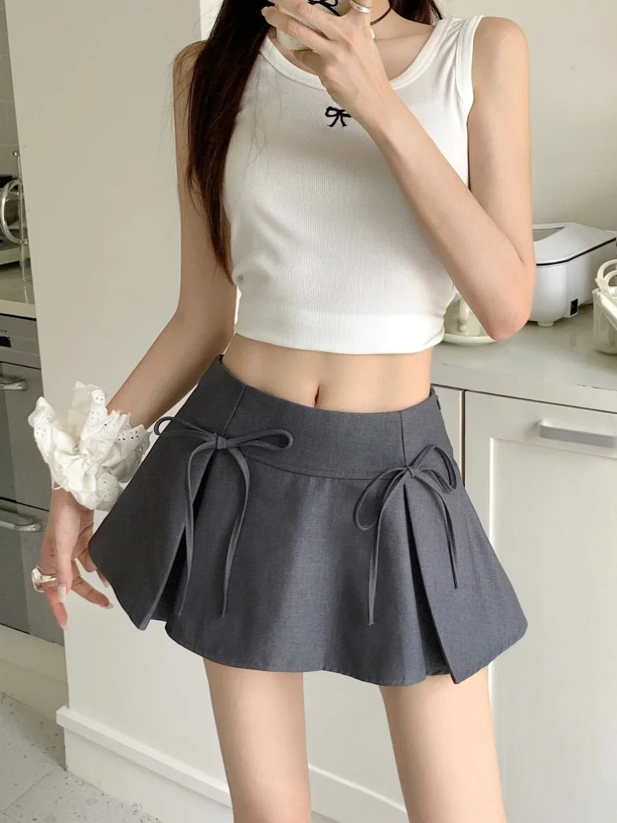 Grey Bow Pleated Vintage Skirt