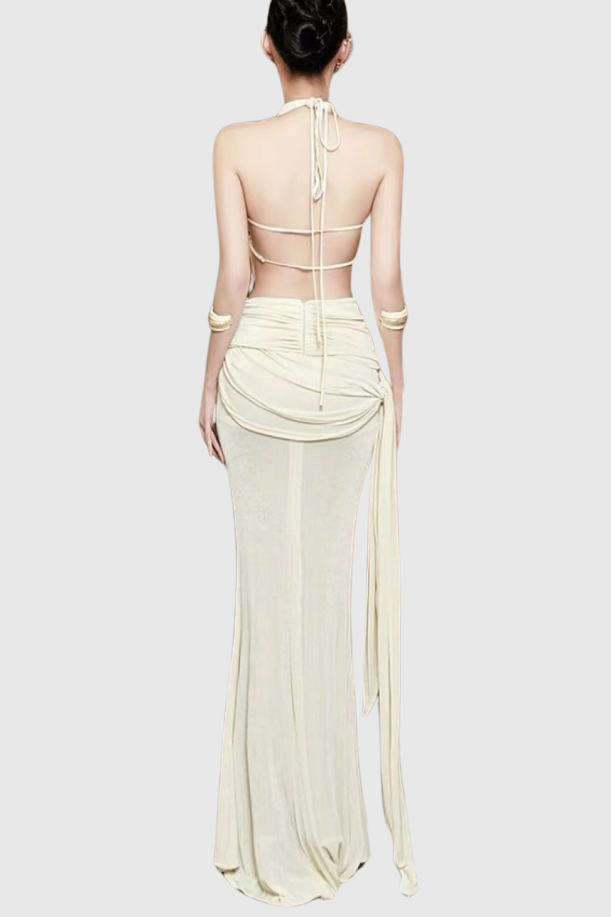 Grisha Halter Draped Backless Maxi Dress - Beige