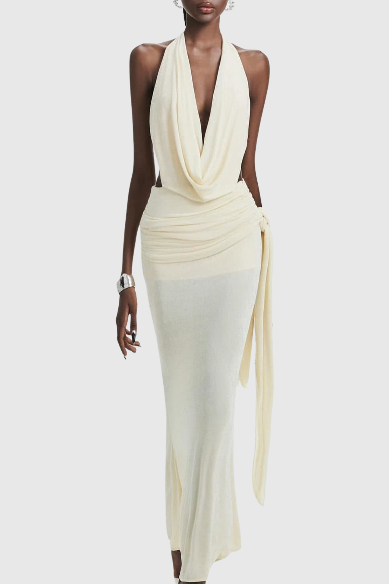 Grisha Halter Draped Backless Maxi Dress - Beige