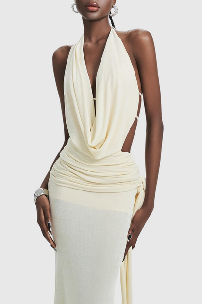 Grisha Halter Draped Backless Maxi Dress - Beige
